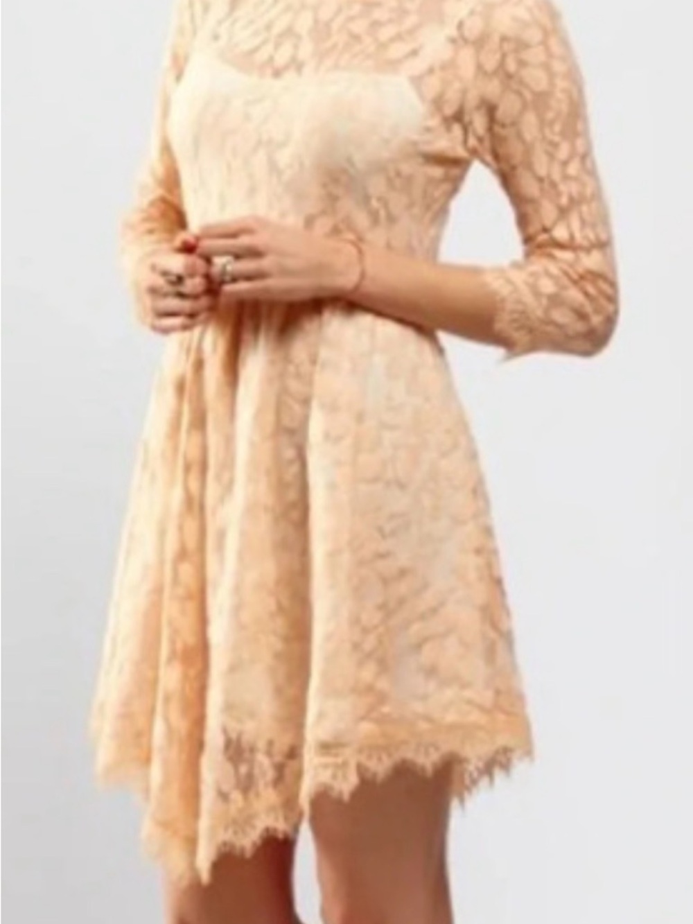 FREE PEOPLE Lace Fit-and-Flare Dress in Peach 3/4 sleeves  - NWOT - perfect